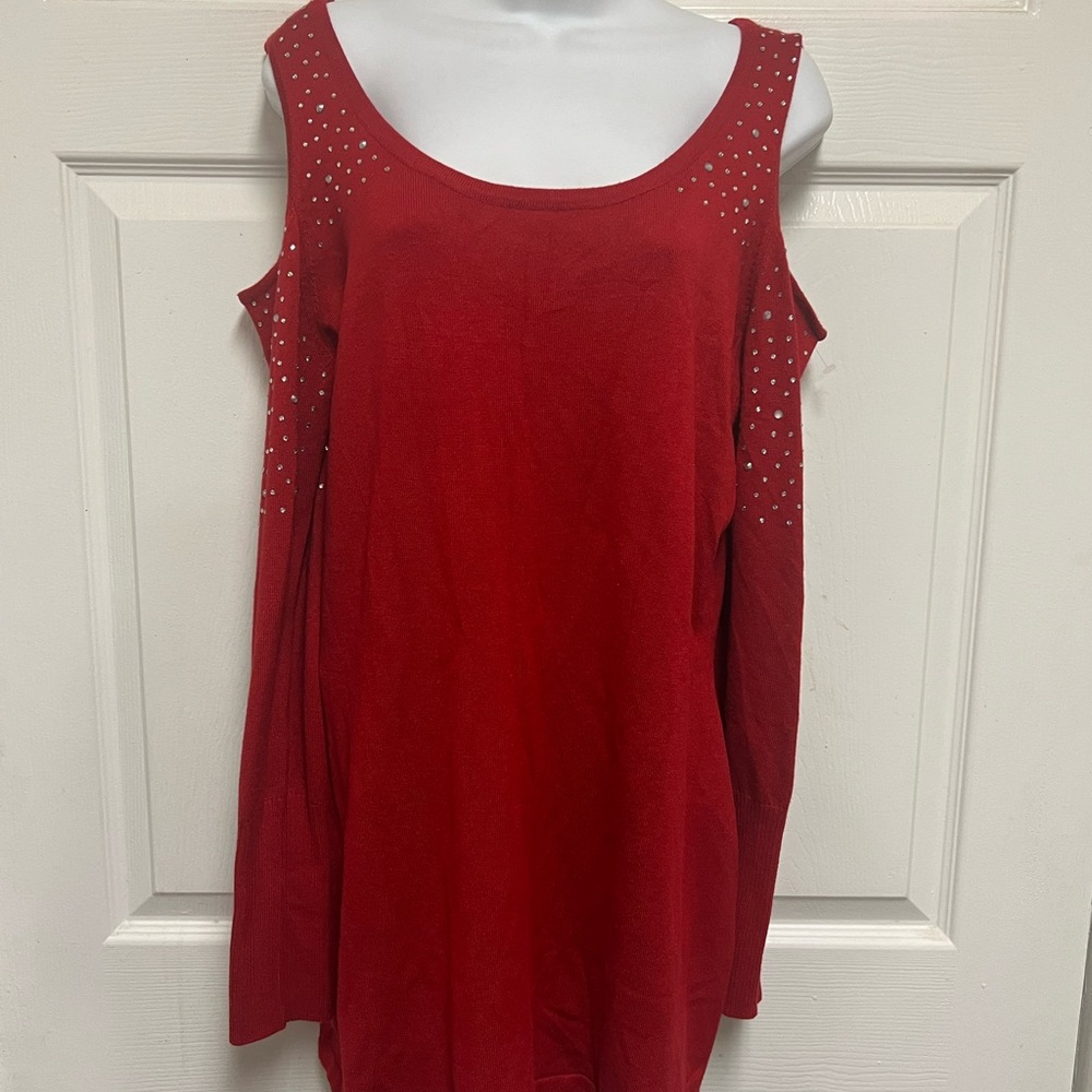 Questions Red Cut-Out Knitted Rhinestone Mini Dress - Picture 9 of 11